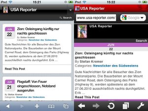 USA-Reporter.com auf dem IPod touch im Safari (links) und Opera Mini Browser (rechts).