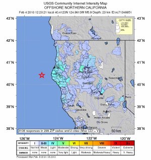 Epizentrum und gefühlte Intensität des Bebens vor der nordkalifornischen Küste. Foto: USGS