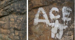 Die Petroglyphen vor und nach der Beschädigung. Foto: U.S. Forest Service