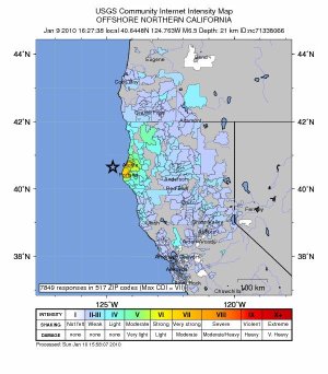 Epizentrum und gefühlte Intensität des Bebens vor der nordkalifornischen Küste. Quelle: USGS